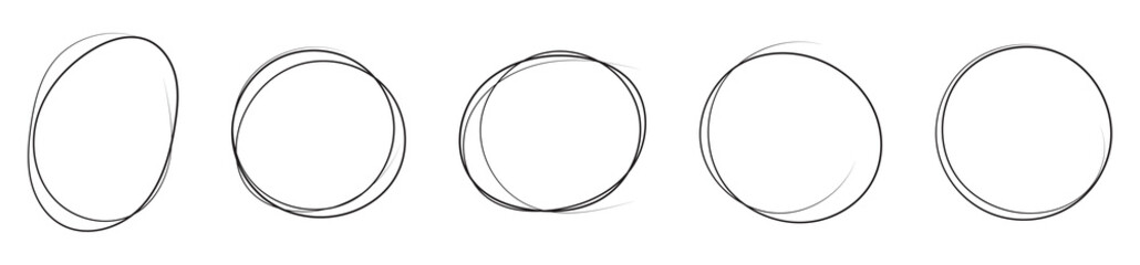 Hand drawn black and red circles and ovals set. Ellipses in red pencil doodle style. Round freehand shapes, emphasis highlights. Red round rough thin frames.