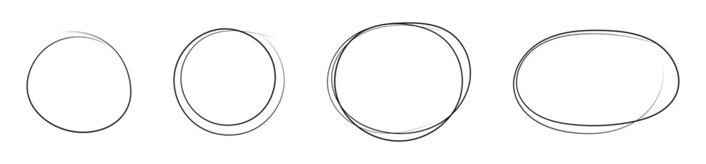 Hand drawn red crayon ovals and circles. Ellipses pencil doodle style set. Red round rough thin frames. Round freehand shapes, emphasis highlights. Vector ink illustration. Rough crayon circles