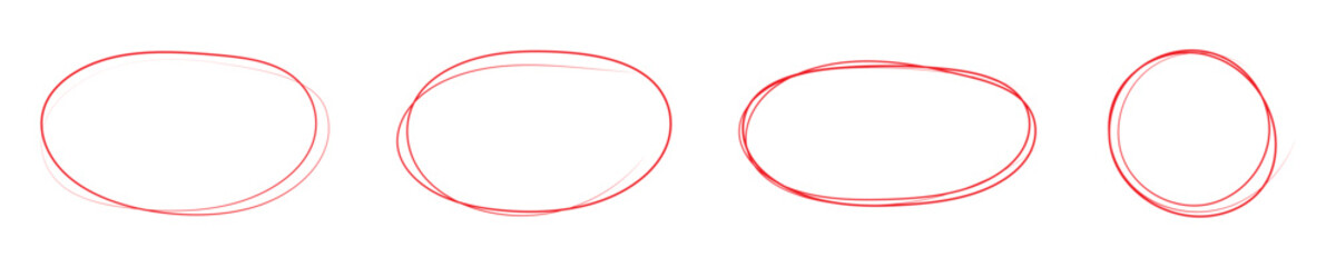 Hand drawn red crayon ovals and circles. Ellipses pencil doodle style set. Red round rough thin frames. Round freehand shapes, emphasis highlights. Vector ink illustration. Rough crayon circles