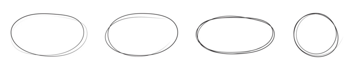 Hand drawn red crayon ovals and circles. Ellipses pencil doodle style set. Red round rough thin frames. Round freehand shapes, emphasis highlights. Vector ink illustration. Rough crayon circles