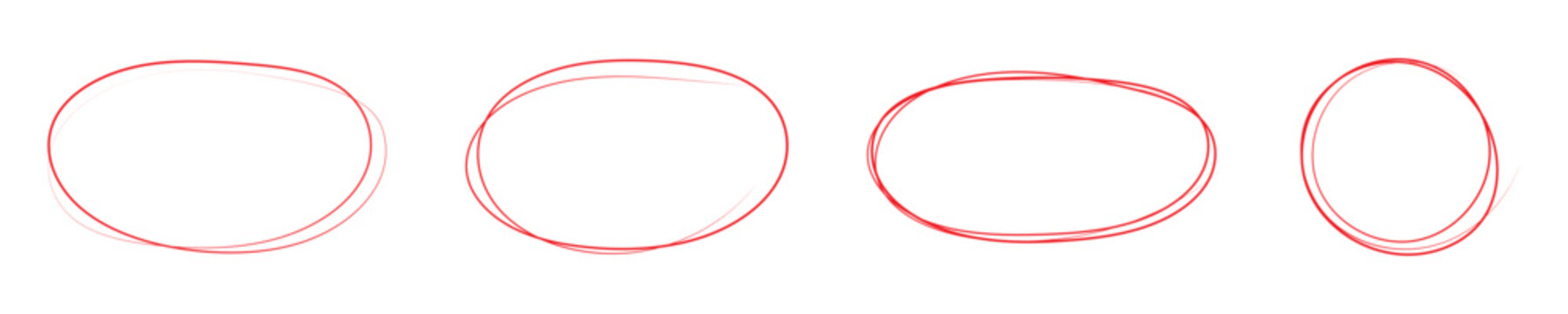 Hand drawn red crayon ovals and circles. Ellipses pencil doodle style set. Red round rough thin frames. Round freehand shapes, emphasis highlights. Vector ink illustration. Rough crayon circles