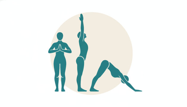 Yoga Sun Salutation poses vector illustration. Minimalist flat design graphic of fitness and wellness sequence. Isolated on white background
