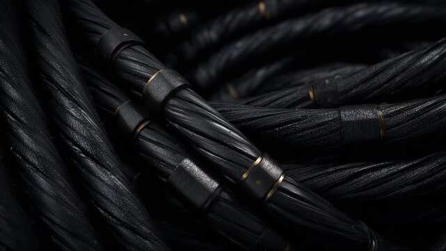 Close-up view of industrial black cable rings, overlapping coiled loops, textures of rubber and metal connectors emphasized, dramatic lighting highlighting industrial precision and
