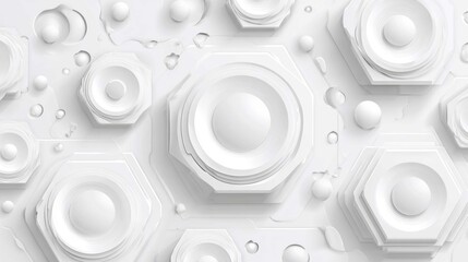 Abstract white 3D illustration featuring hexagonal shapes resembling speakers and spheres
