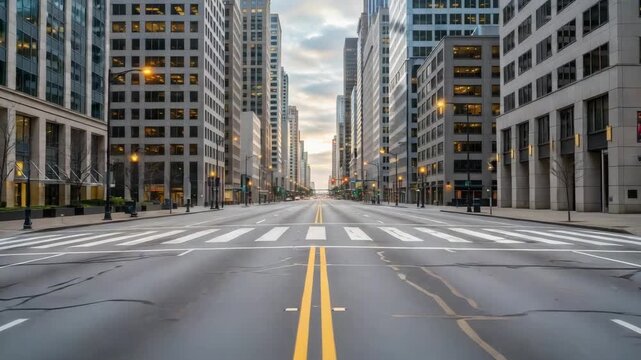 
Empty city street landscape photograph, gray, yellow, and beige, urban solitude and infrastructure 
