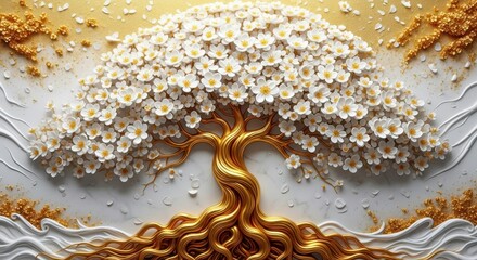 3D floral tree art with white blossoms, golden branches. Sophisticated, decorative design. Intricate details, elegant forms. Ideal for modern interior designs