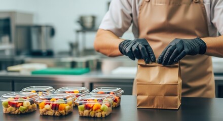 Person in gloves preparing food orders. Chef packing takeaway paper bags. Restaurant staff handling meal delivery. Many take away orders. Small business and healthy food concept.