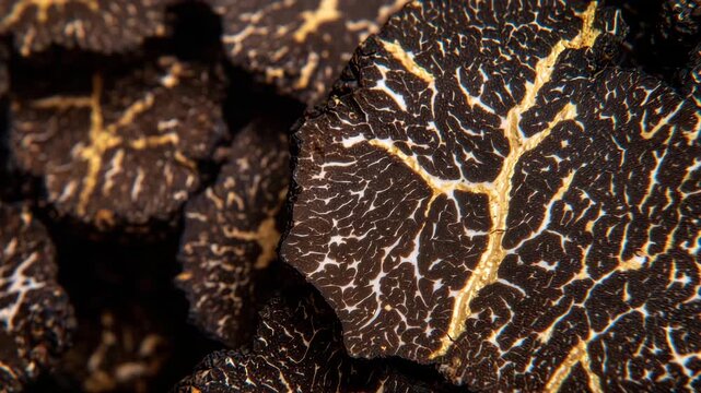 Detailed close-up of black truffle slices in a shallow bowl, rich dark tones, natural marbling, and fine surface textures highlighted, concept of exclusivity and refined gastronomy