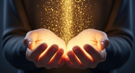Person holding hands open. Spiritual light between cupped palms. Hope devotion and faith concept. Religious spiritual connection. Receiving blessings theme.