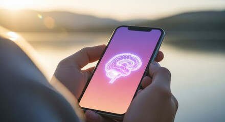 Person holds smartphone with AI mental health app interface. Calm design with brain icon, peaceful nature background. Digital healthcare, wellbeing app