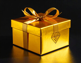 Elegant Luxury Gold Gift Box with Satin Ribbon Bow and Diamond Icon on Black Background, Premium Present for Anniversary, Birthday, Christmas or Jewelry Gift Giving