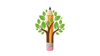 Pencil Tree Illustration with Green Leaves.