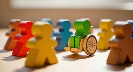 Wooden figures of different colors depict diversity and inclusion. Group includes person in wheelchair. Concept of equality support teamwork society. Social topics
