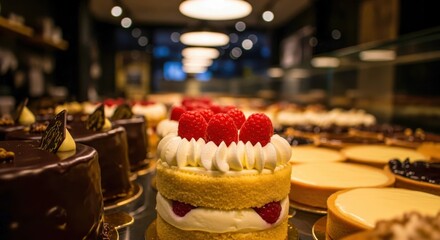 Delicious cakes displayed in pastry shop. Various types of cakes on glass shelves. Sweet treats with cream and fruits showcased. Bakery business offers tempting selection of desserts.