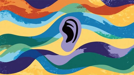 An abstract illustration with a stylized ear amidst wavy, colorful, textured backgrounds