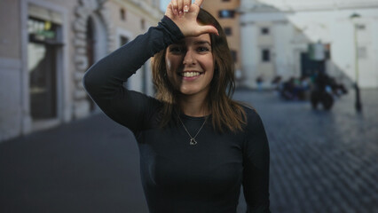 Woman makes l sign with hand on forehead in city street, smiling and wearing heart pendant; playful...