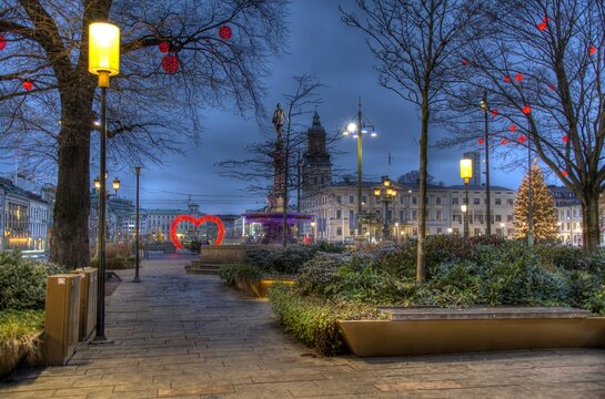 Square with winter lights in central city named "Brunnsparken" in Gothenburg, Sweden. 
