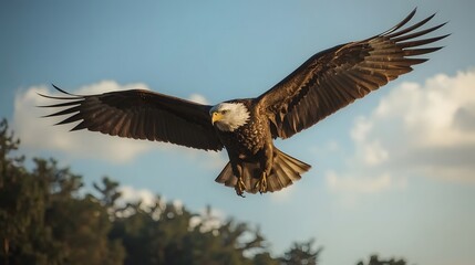 Fototapeta premium Majestic Bald Eagle Soaring with Spread Wings in Clear Blue Sky at Golden Hour