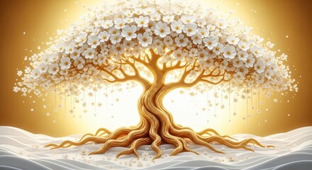 3D floral tree art with white blossoms, golden branches. Sophisticated, decorative design. Intricate details, elegant forms. Ideal for modern interior designs