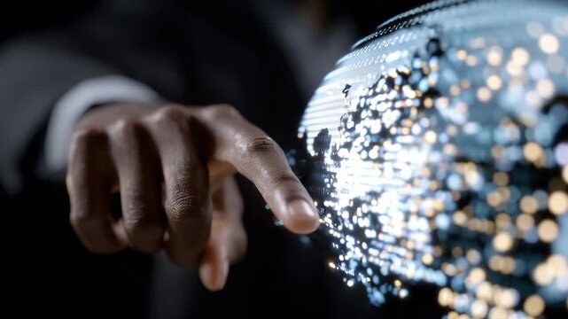 Fingers touching a holographic plane of floating binary code, sparks of light reacting to contact, glowing neon patterns emphasizing interaction with data in the digital realm