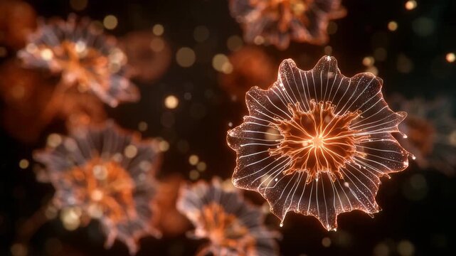 Glowing cells under high magnification, intricate internal patterns visible, radiant orange illumination, floating in a dark, softly blurred environment to emphasize depth and comp