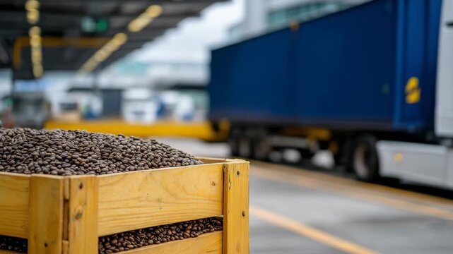 Grain-filled crates positioned beside a freight truck at an airport, tactile kernel details in the foreground, industrial transport environment emphasizing air cargo supply chains