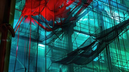 Architectural interior, layered transparent fabrics, colored lighting, geometric forms