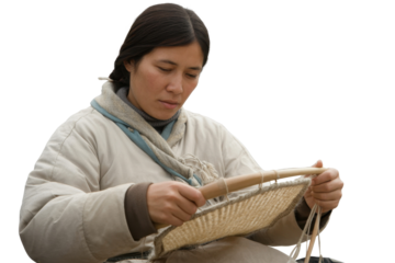 Woman Weaving on Loom, Isolated