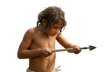 Young boy with handmade spear isolated