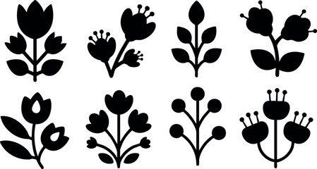 Simple black silhouette floral icon set with various flower shapes and stems vector illustration 
