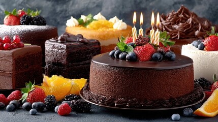 Array of colorful cakes with berries, fruit, candles, and chocolate
