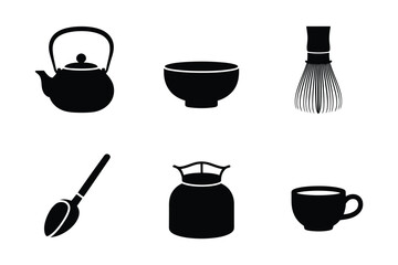 Traditional Japanese Tea Ceremony and Matcha Tool Icon Set