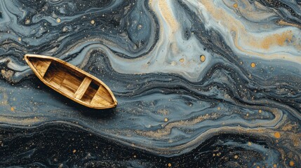 Small Wooden Boat Floating On Abstract Marbled Water