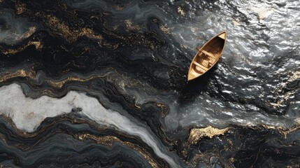 Small Wooden Boat Floating On Polished Marbled Water