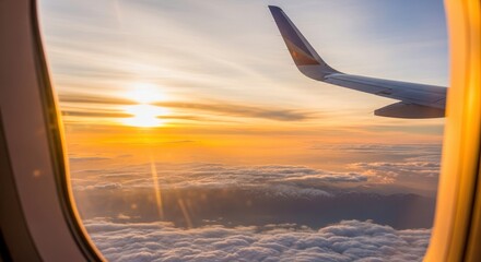 Airplane wing view from plane window over foggy mountains at sunset. Sky and sun above clouds. Scenic flight travel picture. Airline business journey.