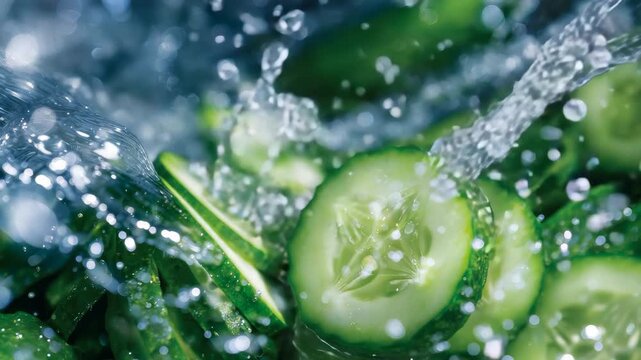 High-speed macro-style shot of cucumber splashing in water, fine droplets and bubbles captured in detail, vibrant green hues and floating slices, purity and hydration concept