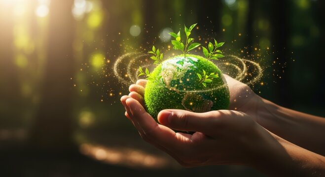 Hand holds a green globe with leaves and network connections. Earth planet eco concept of ecology and environment. Nature conservation and sustainable development. Global warming and save the world.