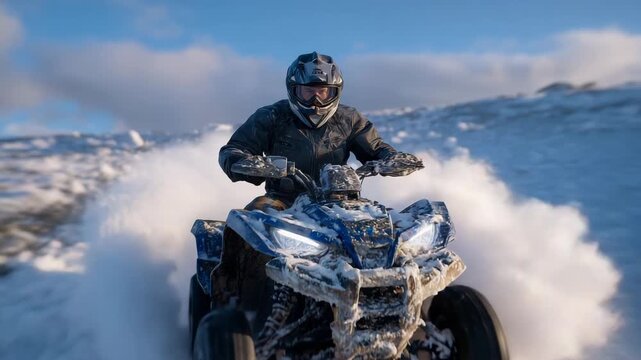 Low-angle view of an ATV rider powering through deep winter snow, frozen terrain exploding beneath the wheels, sunlight reflecting off ice crystals, sense of speed, freedom, and ex