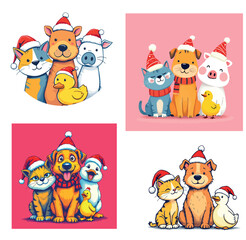 Vsai cute pets and farm animals celebrating winter holiday season