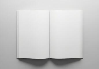 Open blank magazine pages, template mockup for graphic design. Clean white spread, minimalist layout for advertisement, book, album presentation. Tabletop workspace concept with soft wave texture.