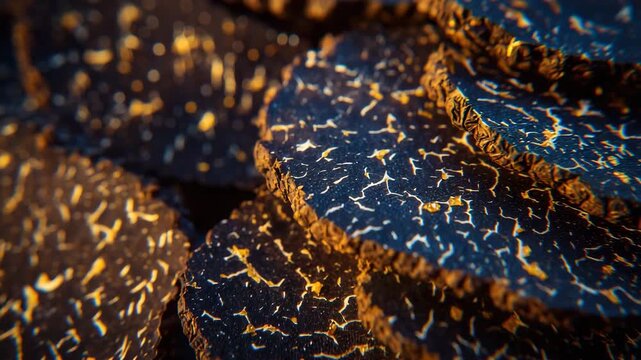Macro culinary shot of black truffles in a bowl, thin slices overlapping slightly, light catching the glossy surfaces, conveying gourmet sophistication and exclusive dining experie