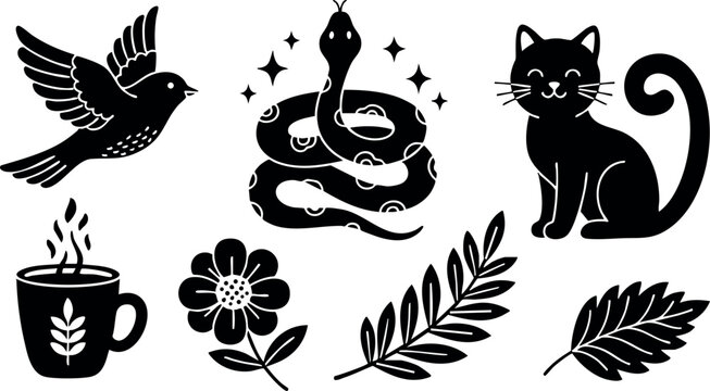 Bird snake cat coffee cup flower and leaves silhouette vector illustration 