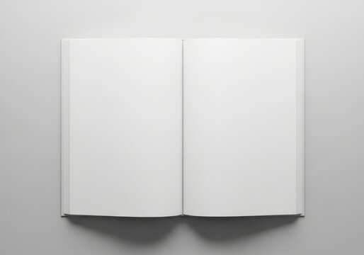 Open blank magazine pages, template mockup for graphic design. Clean white spread, minimalist layout for advertisement, book, album presentation. Tabletop workspace concept with soft wave texture.