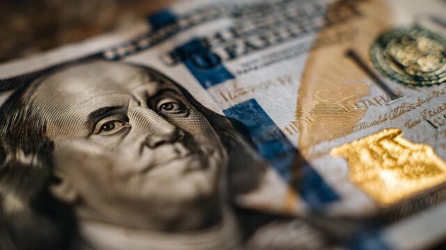 Macro detail of a classic banknote, engraved portrait sharply in focus, patterned background elements and embossed textures, emphasizing precision and craftsmanship