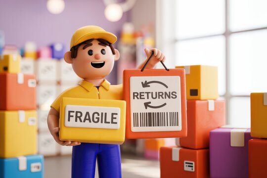 Delivery person holding fragile package and returns sign amidst stacked boxes in warehouse