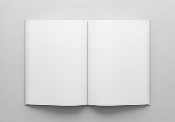 Open blank magazine pages, mockup template for design. Clean white spread and minimalist layout for ads and book presentation. Tabletop workspace with soft wave texture.