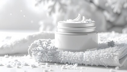 Luxurious winter skincare cream for cold weather protection on a snowy white background