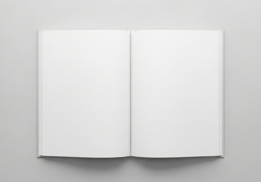 Open blank magazine pages, mockup template for design. Clean white spread and minimalist layout for ads and book presentation. Tabletop workspace with soft wave texture.