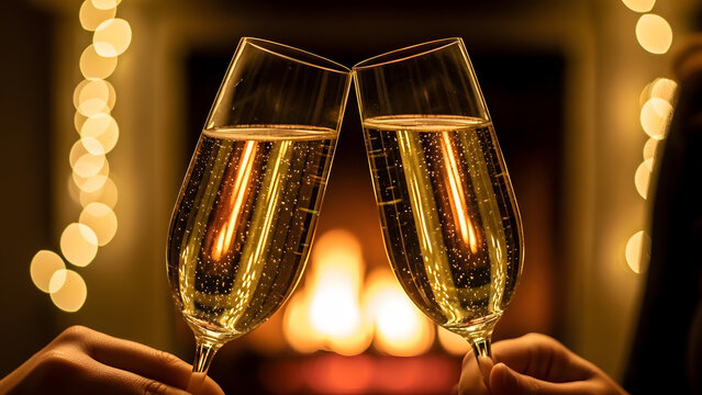 Copas de vino espumoso en restaurante de lujo con llama c&aacute;lida al fondo, concepto de hosteler&iacute;a premium y servicio