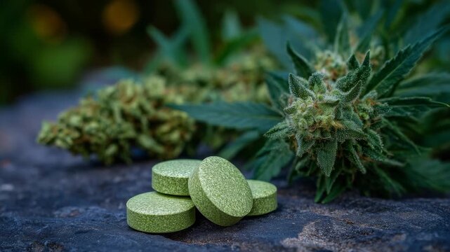 Macro photograph of green tablets resting on cannabis flowers, natural trichome details visible, vivid color contrast highlighting holistic and scientific approaches in medicine